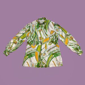 60s vintage psychedelic print tunic top mockneck abstract pattern blouse loose.